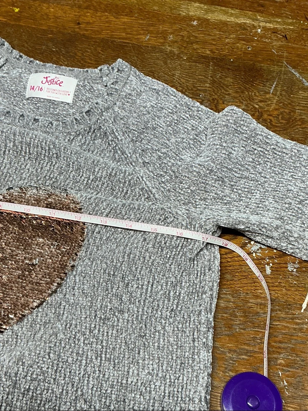 ❤️ Justice 14-16 Gray Chenille Crewneck Sweater with Rose Gold Flip Sequin Heart